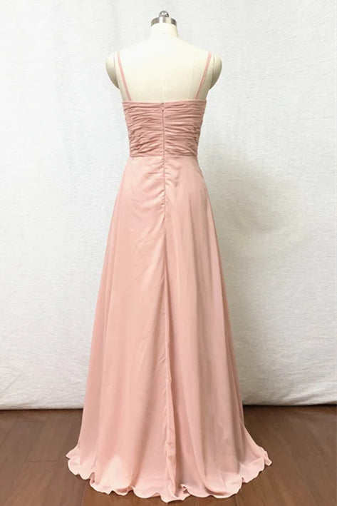 Spaghetti Straps Blush Pink Pleate Chiffon Long Bridesmaid Dress