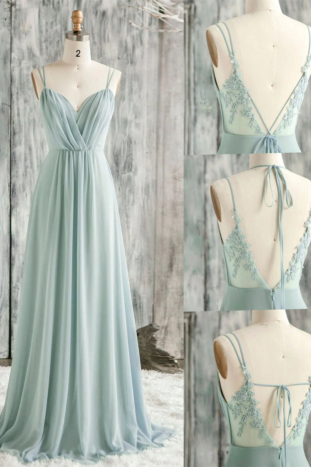 V-Back Double-Strap Sage Green Ruched Chiffon Bridesmaid Dress FancyVestido V-Back Double-Strap Sage Green Ruched Chiffon Bridesmaid Dress FancyVestido