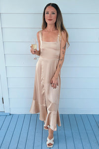 Square Neck Champagne Bridesmaid Dress with Front Slit