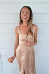 Square Neck Champagne Bridesmaid Dress with Front Slit