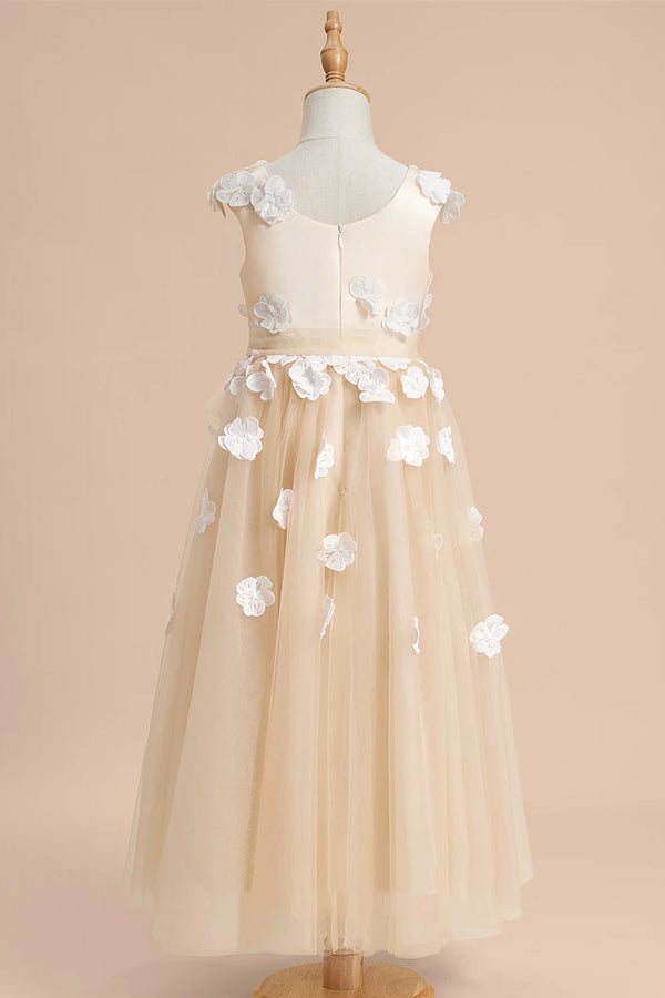 Champagne Flower Tea Length Tulle Flower Girl Dress