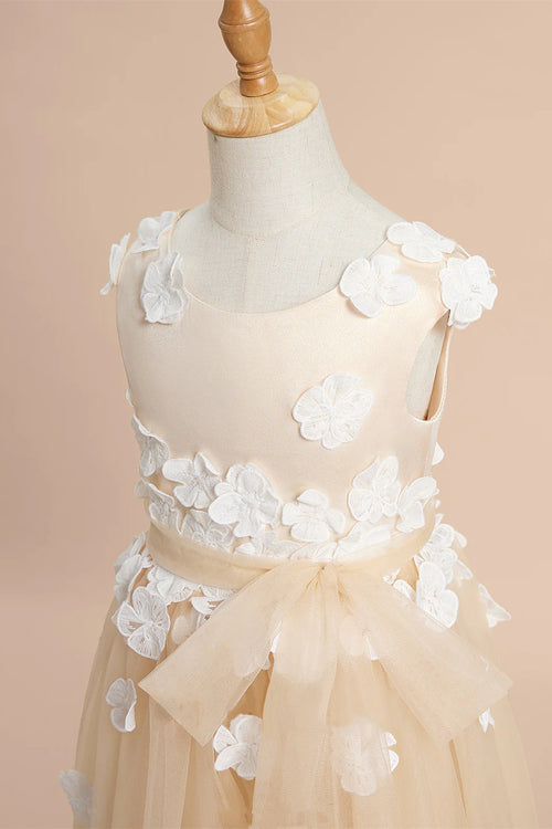 Champagne Flower Tea Length Tulle Flower Girl Dress