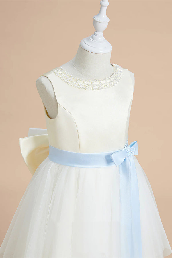 Cute Beaded Crew Neck Tiered Tulle Flower Girl Dress