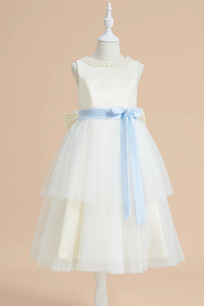 Cute Beaded Crew Neck Tiered Tulle Flower Girl Dress