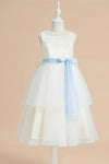 Cute Beaded Crew Neck Tiered Tulle Flower Girl Dress