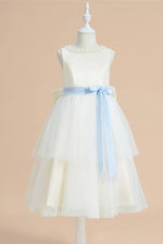 Cute Beaded Crew Neck Tiered Tulle Flower Girl Dress
