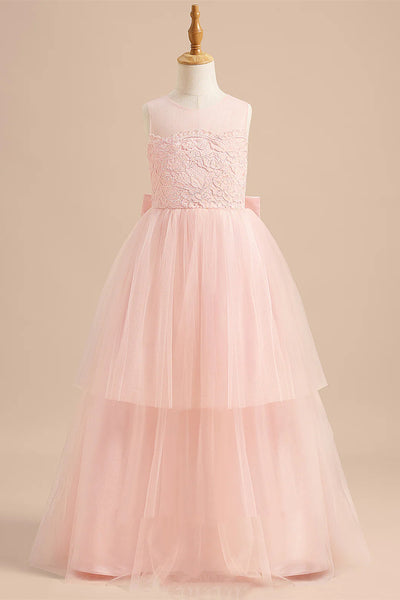 Pink Crew Neck Lace Top Layered Tulle Flower Girl Dress