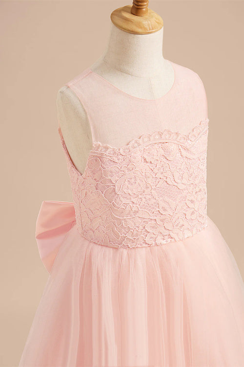 Pink Crew Neck Lace Top Layered Tulle Flower Girl Dress