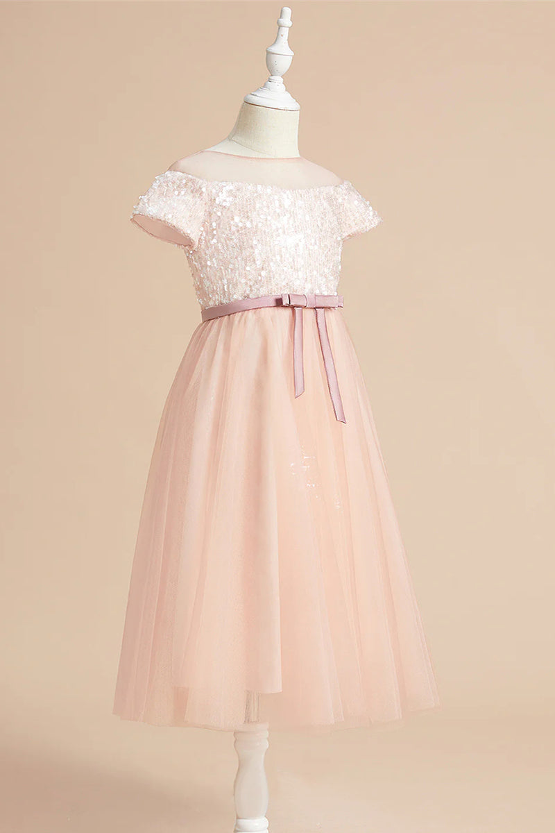 A-Line Blush Pink Long Flower Girl Dress with Short Sleeves