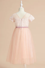 A-Line Blush Pink Long Flower Girl Dress with Short Sleeves