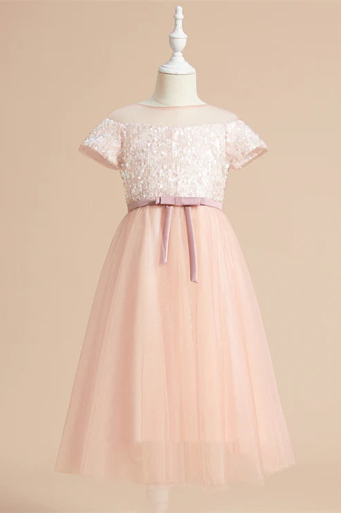 blush pink flower girl dress A-Line Blush Pink Long Flower Girl Dress with Short Sleeves – FancyVestido