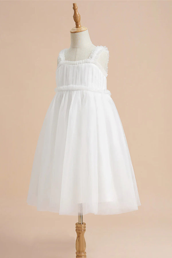 White Square Neck Ruffles Pleated Flower Girl Dress