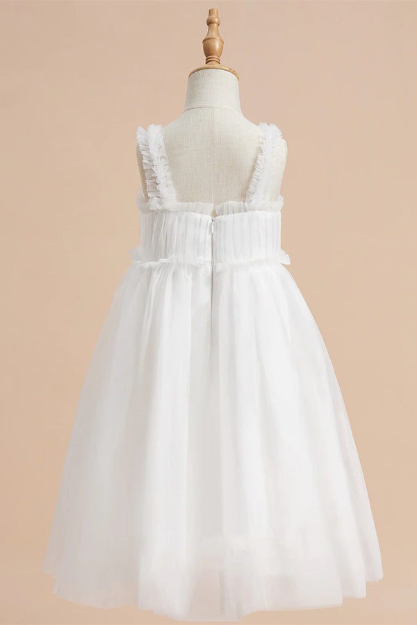 White Square Neck Ruffles Pleated Flower Girl Dress