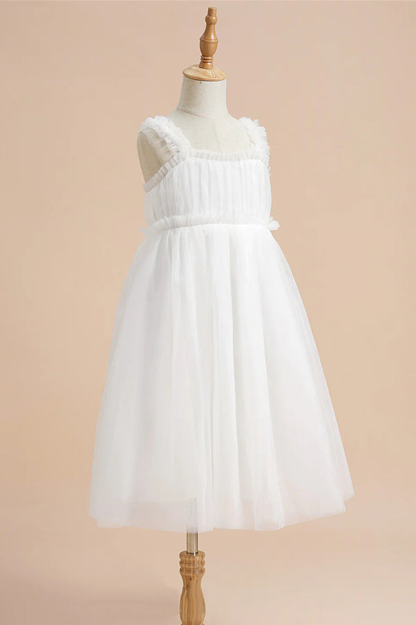 White Square Neck Ruffles Pleated Flower Girl Dress