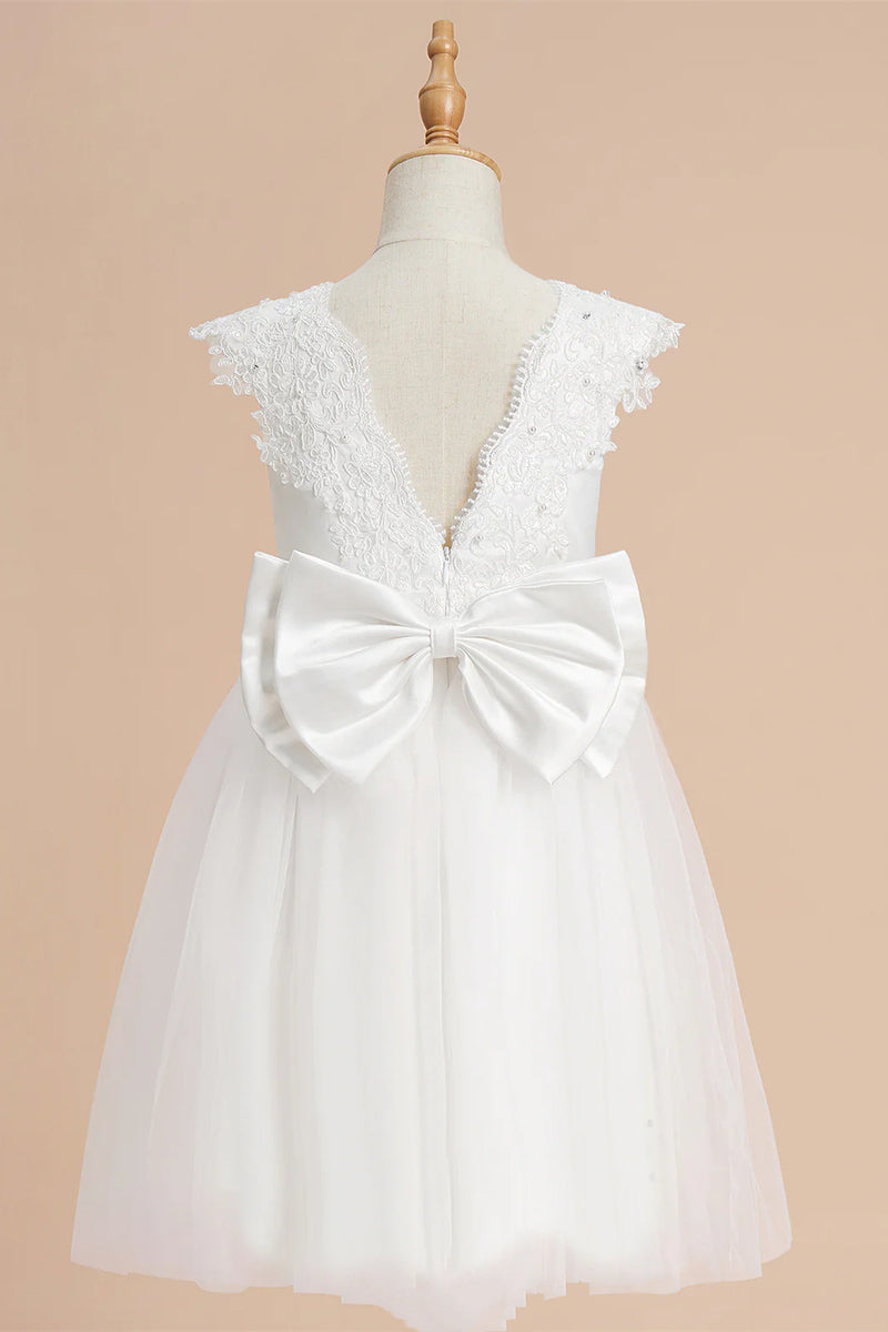 Cute White A-Line Flower Girl Dress with Appliques