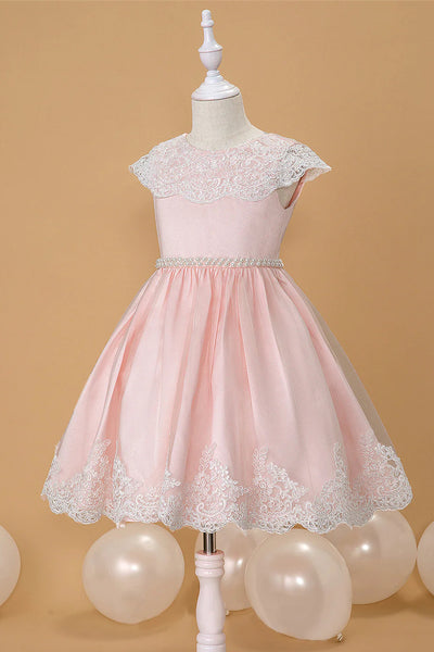 Princess Pink Crew Neck Flower Gril Dress with Appliques