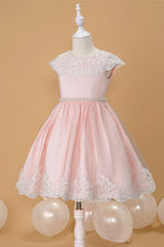 Princess Pink Crew Neck Flower Gril Dress with Appliques