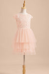 Cute Blush Pink Lace Layered Tulle Flower Girl Dress