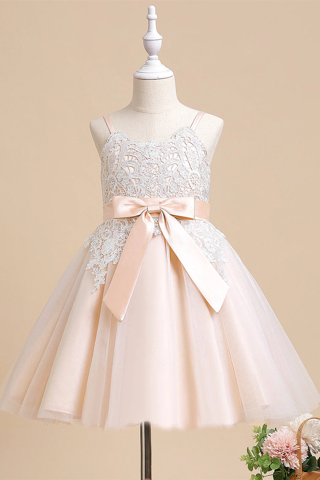 Straps Pearl Pink Lace Top Flower Girl Dress with Belt