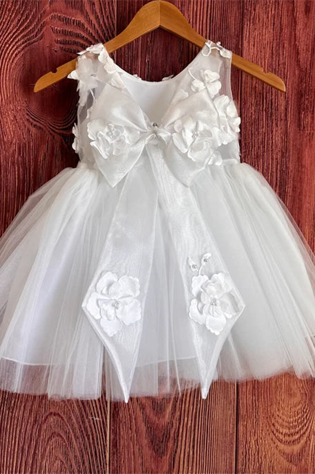 Cute White A-Line Flower Girl Dress with Flowers