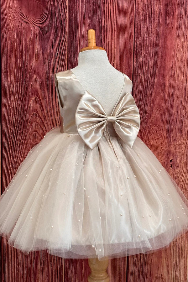 Adorable Champagne Flower Girl Dress with Pearls
