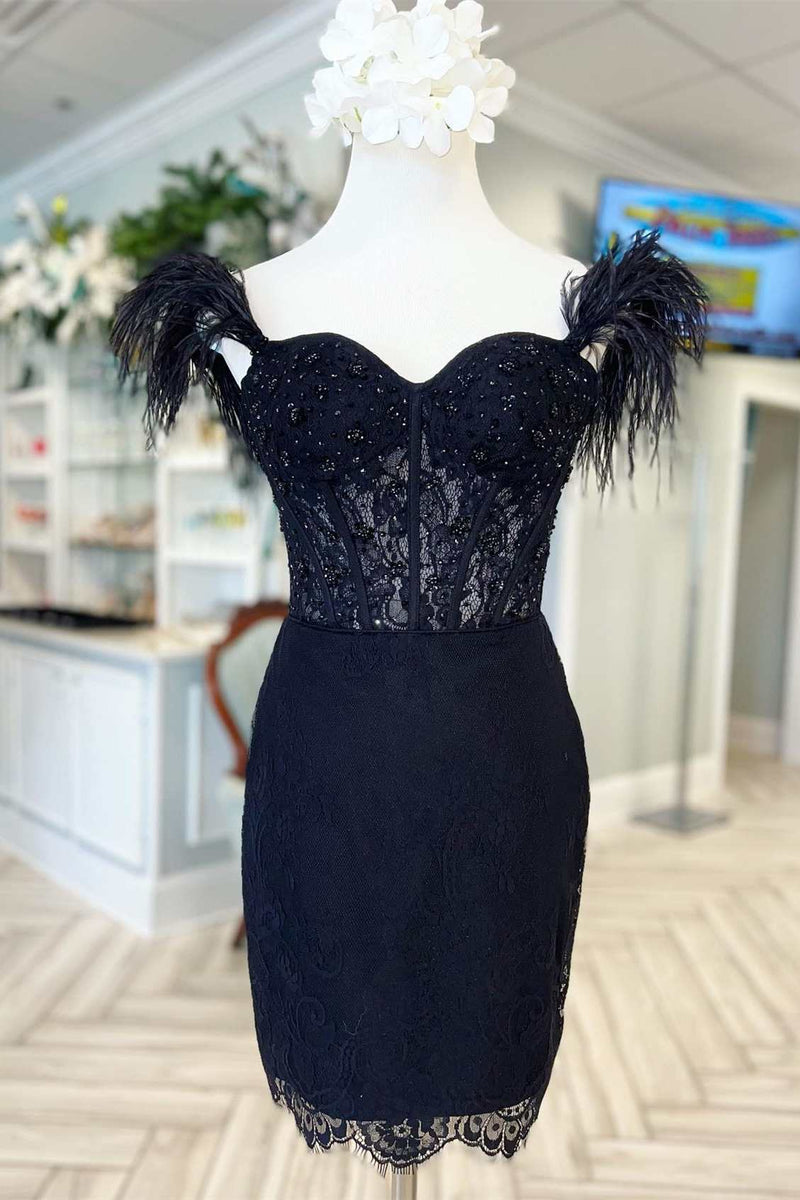 Black Feather Off-Shoulder Beaded Bodycon Homecoming Dress FancyVestido Black Feather Off-Shoulder Beaded Bodycon Homecoming Dress FancyVestido