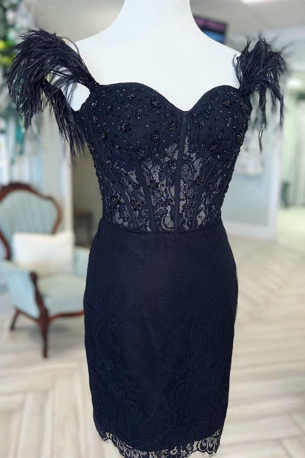 Black Feather Off-Shoulder Beaded Bodycon Homecoming Dress