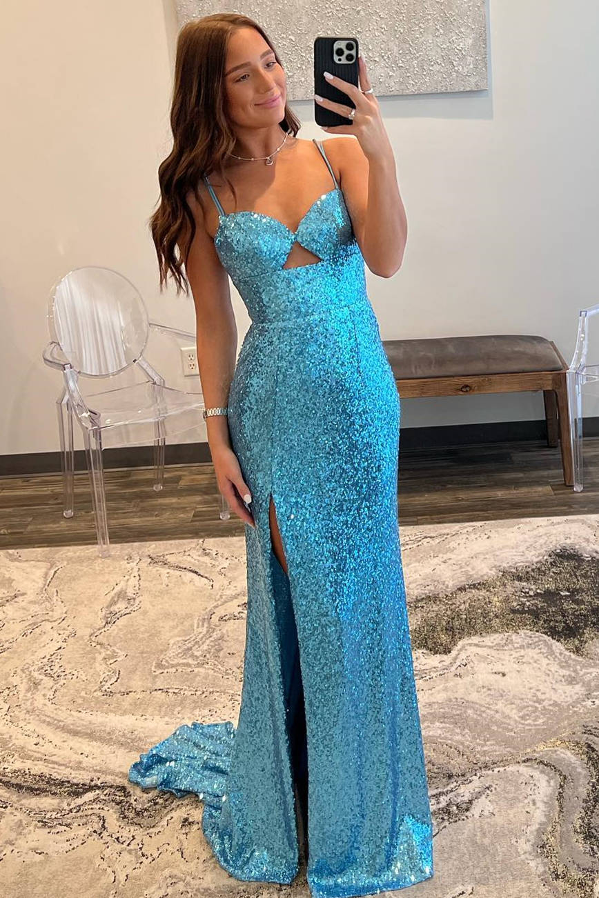 Double Straps Light Blue Cut out Sequin  Long Prom Dress