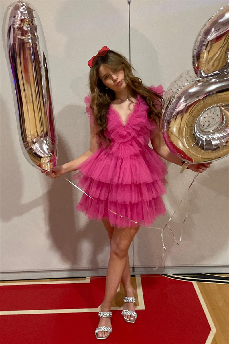 Cute Pink Ruffled Tiered Tulle Short Homecoming Dress