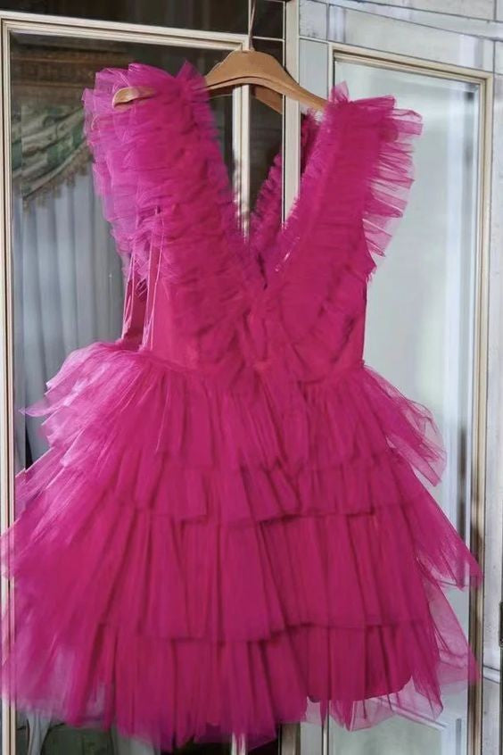 Cute Pink Ruffled Tiered Tulle Short Homecoming Dress