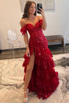 Off the Shoulder Red Sequin Tiered Mermaid Long Prom Dress