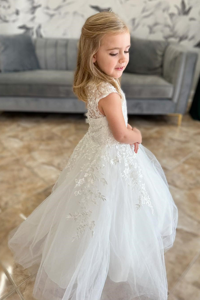 Princess White Illusion Crew Neck Flower Girl Dress