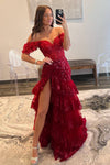 Off the Shoulder Red Sequin Tiered Mermaid Long Prom Dress