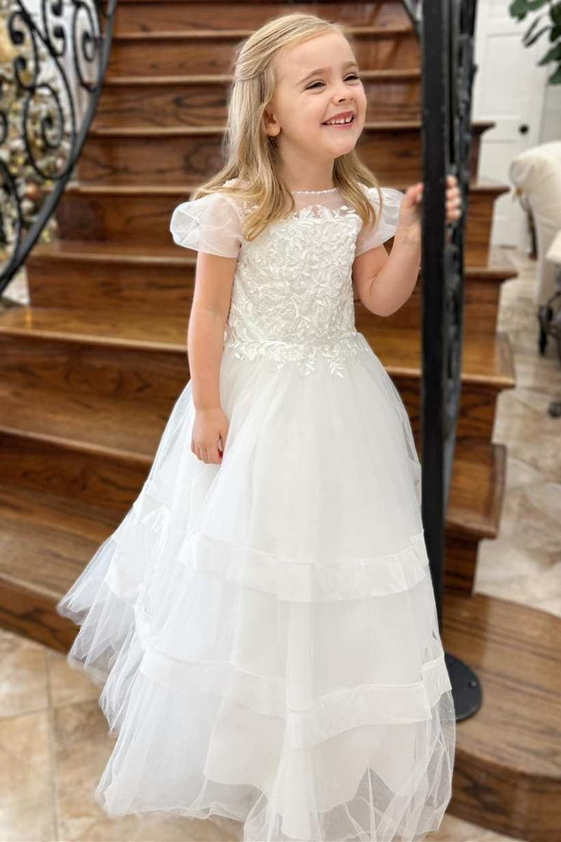Lace-Up White Long Flower Girl Dress with Balloon Sleeves