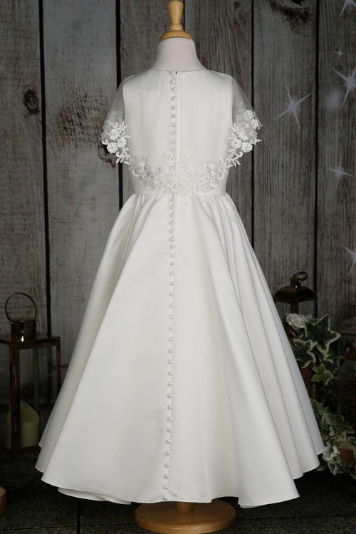 A-Line White Satin Long Flower Girl Dress with Shawl