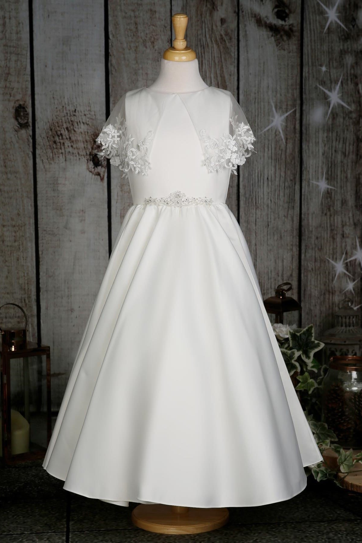 A-Line White Satin Long Flower Girl Dress with Shawl FancyVestido A-Line White Satin Long Flower Girl Dress with Shawl FancyVestido
