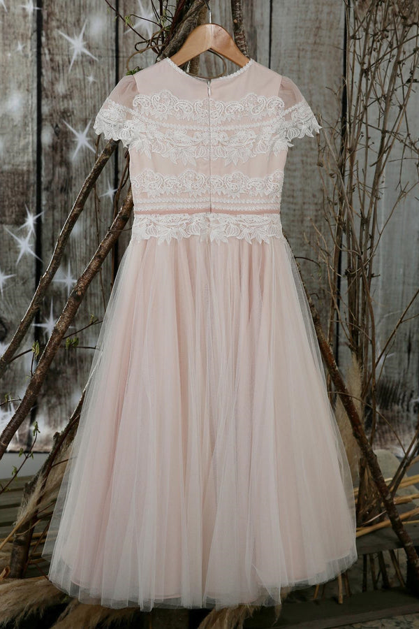 Crew Neck Blush Pink Long Flower Girl Dress with Sash