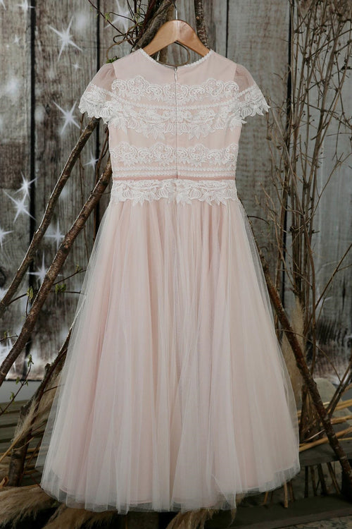 Crew Neck Blush Pink Long Flower Girl Dress with Sash