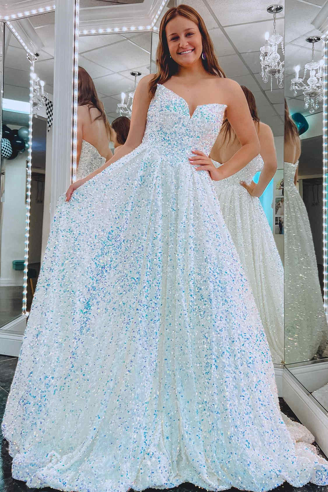 Strapless Iridescent White Sequin A-Line Long Prom Dress FancyVestido Strapless Iridescent White Sequin A-Line Long Prom Dress FancyVestido