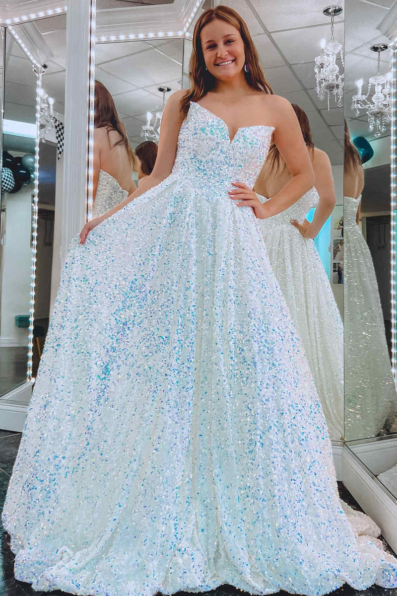 Strapless Iridescent White Sequin A-Line Long Prom Dress