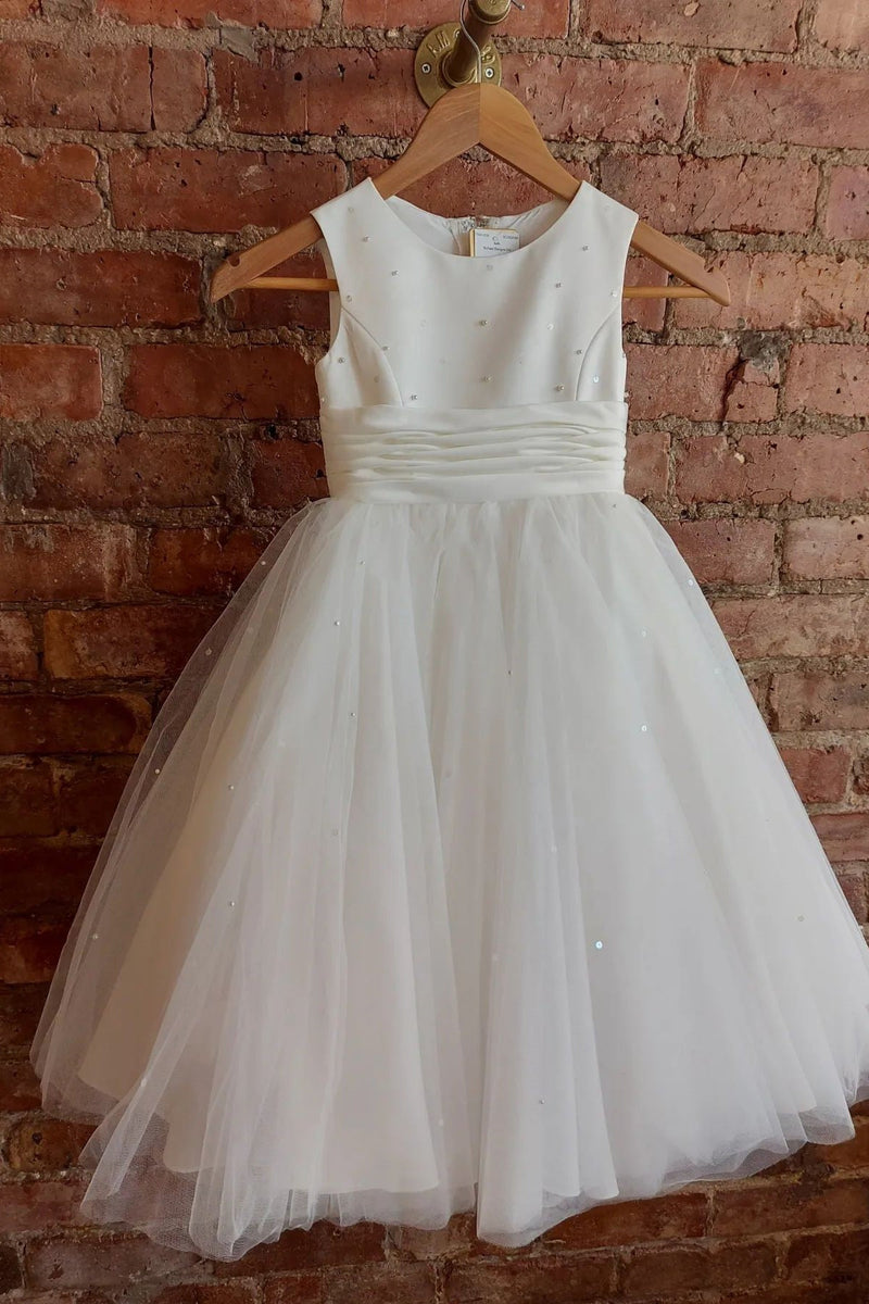 Cute White Pleated Long Flower Girl Dress with Pearls