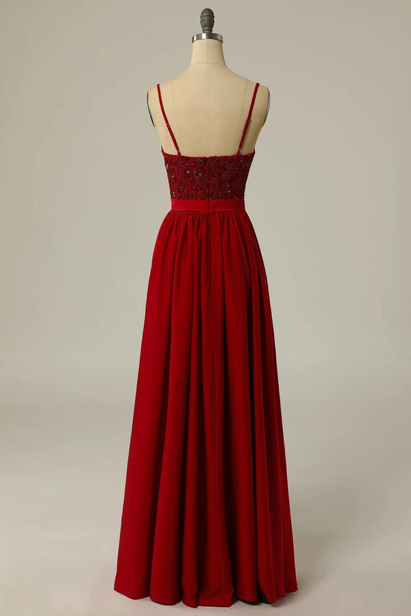 Straps Red Lace Sequins Floor Length Long Formal Dress