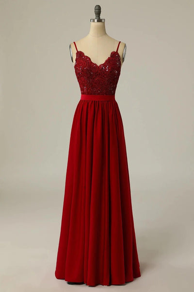 Straps Red Lace Sequins Floor Length Long Formal Dress