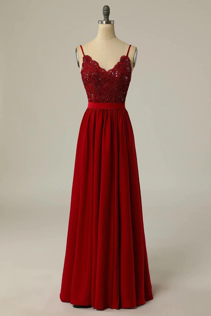 Straps Red Lace Sequins Floor Length Long Formal Dress
