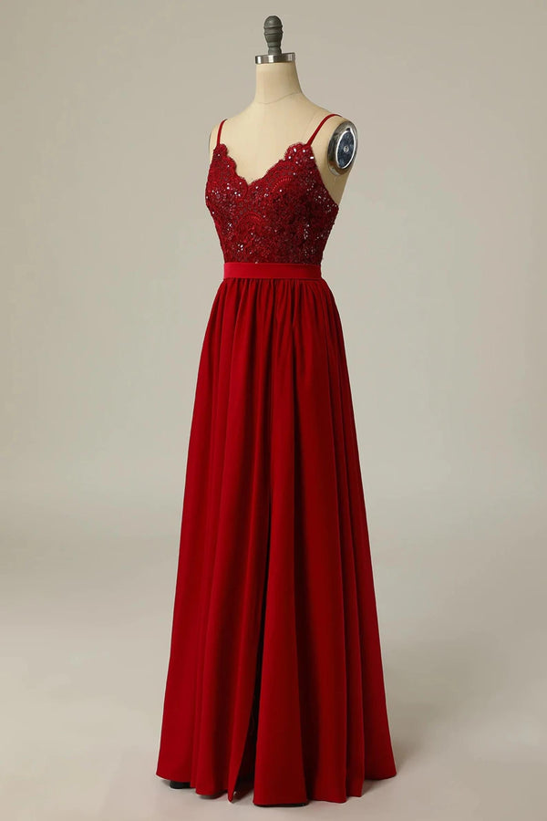 Straps Red Lace Sequins Floor Length Long Formal Dress
