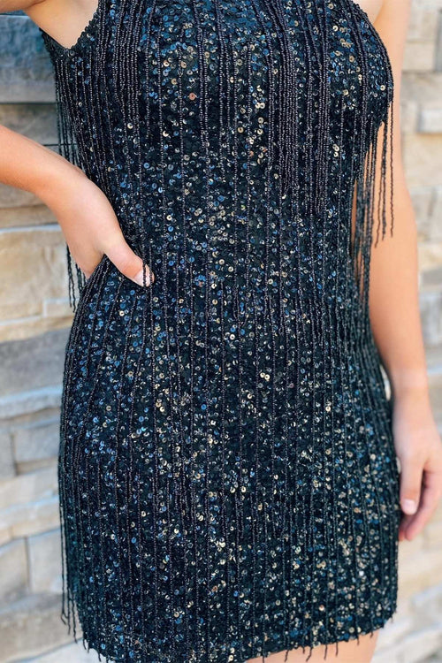 Black One Shoulder Tassel Short Homecoming Dress