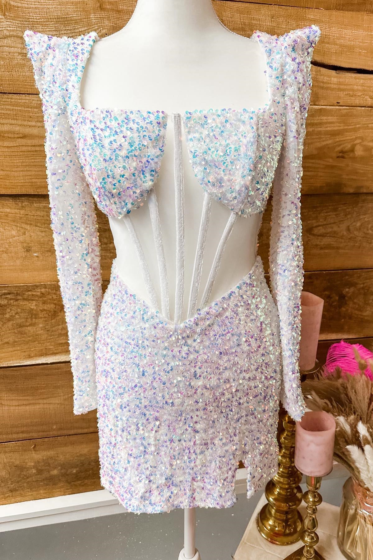 slim fit dress slacks Square Neck Iridescent White Sequins Tight Homecoming Dress – FancyVestido