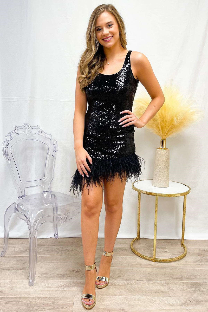 Glitter Black Square Neck Bodycon Homecoming Dress with Feather Hem