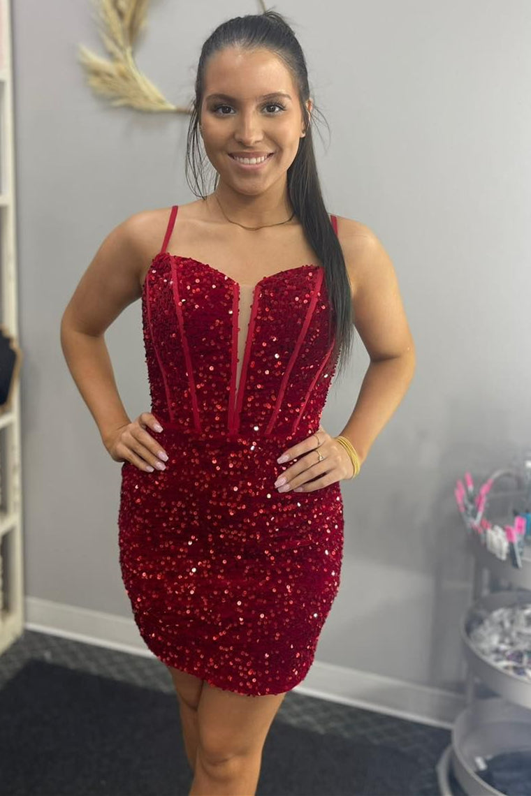 Fitted Red Sequins Short Homecoming Dress with Straps - Main Image
