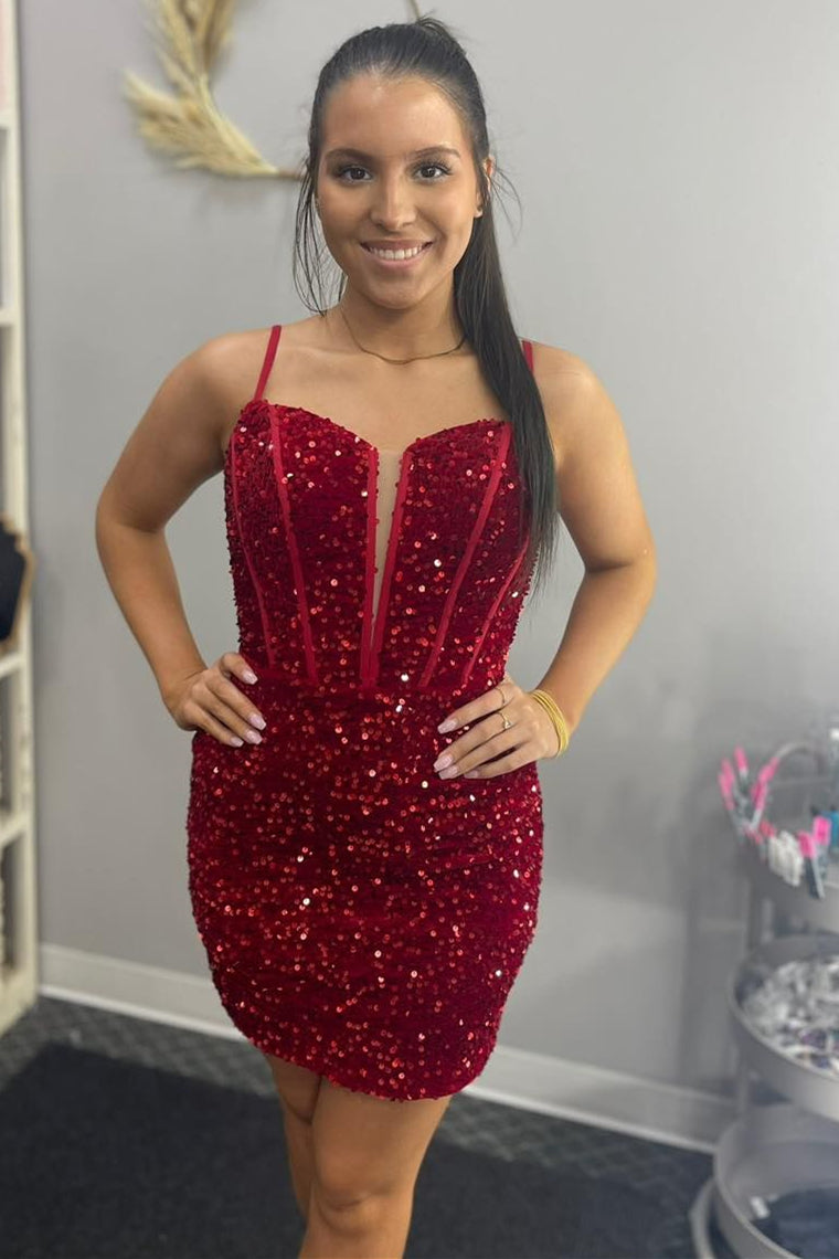 Fitted Red Sequins Short Homecoming Dress with Straps